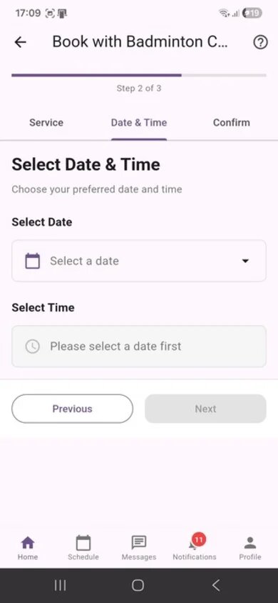 KeepMyBooking date and time selection screen