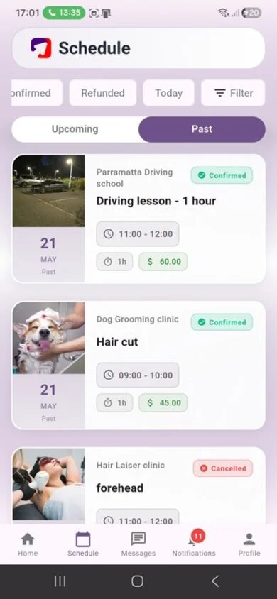 KeepMyBooking schedule screen with upcoming appointments