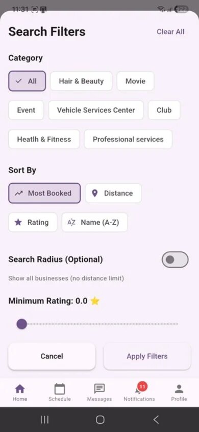 KeepMyBooking search screen with filters