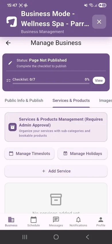 KeepMyBooking services and products management screen