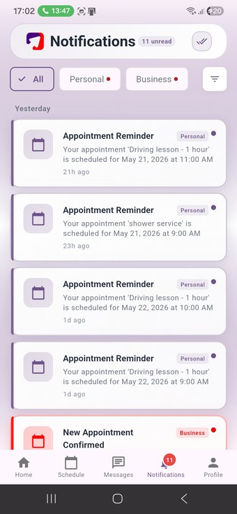 KeepMyBooking Notifications screen with appointment reminders and Personal and Business alerts